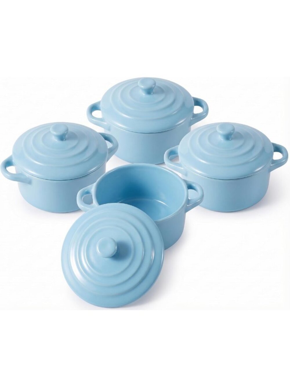 4 Piece Mini Casserole Set - Sky Blue Ceramic Cocottes, 16 Oz Bakeware